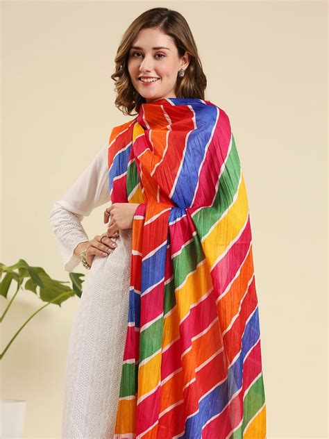 Multicoloured Striped Printed Art Silk Crushed Dupatta – Dupatta Bazaar