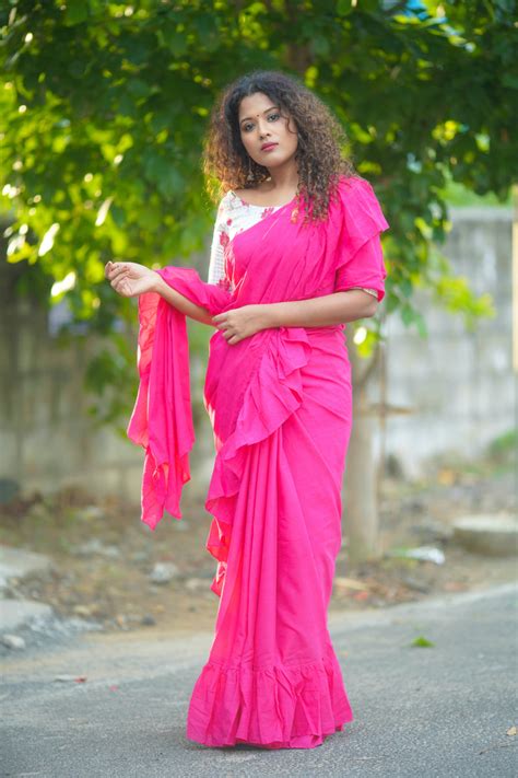 Pink plain ruffles mul cotton saree – YoshnasByEla