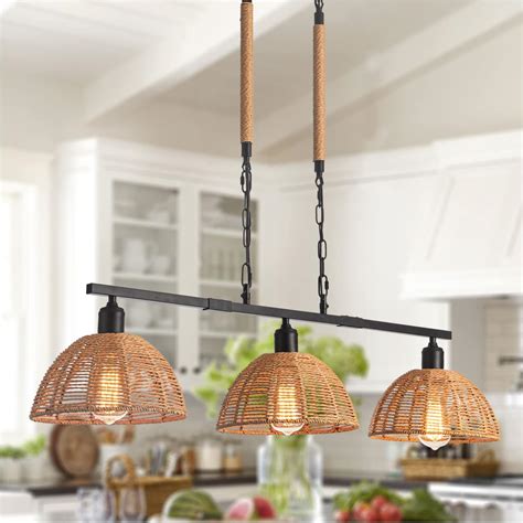 ElesiLuce Farmhouse Rattan Kitchen Island Lighting Vintage Boho 3 ...