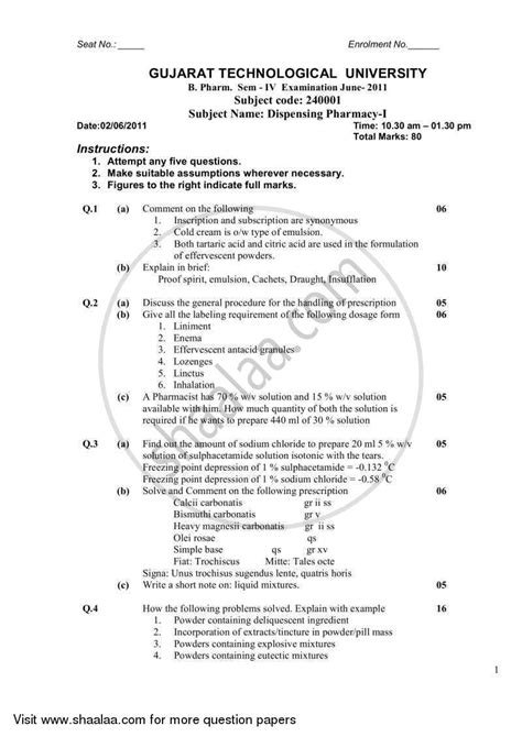 Dispensing Pharmacy 1 2010-2011 Bachelor of Pharmacy Semester 4 ...