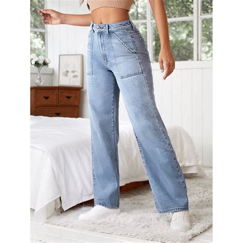 Patch Pocket Design Women Denim Jeans Light Blue Jeans Women Distressed ...