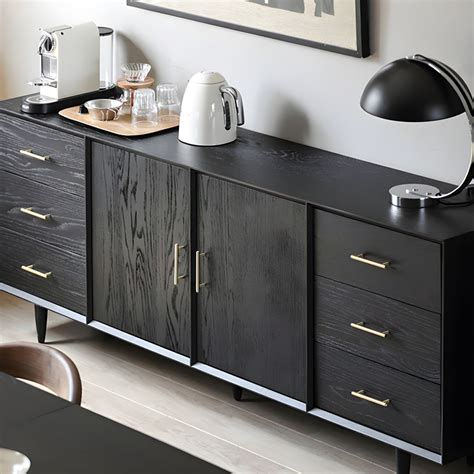 Black Solid Wood Buffet Table Glam Buffet Table with 6-Drawer and 2 ...
