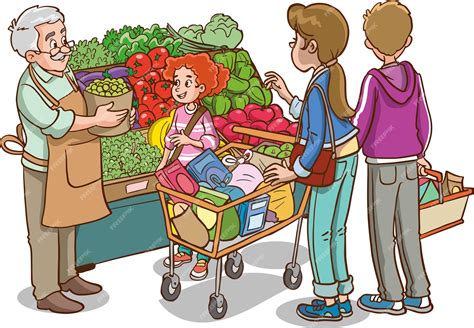 Compras familiares en el vector de dibujos animados del mercado ...