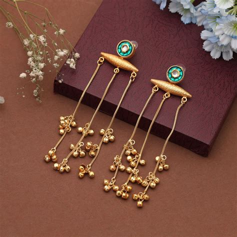 Green Color Long Kasmiri Earrings Crafted To Elevate Festive Attire Wi ...