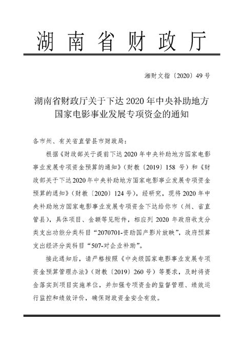 湖南省财政厅关于下达2020年中央补助地方国家电影事业发展专项资金的通知