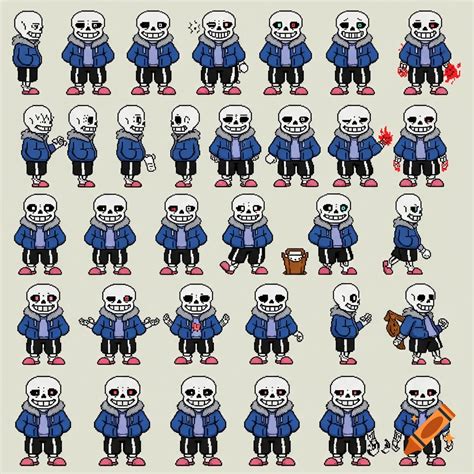 Pixel art sprite sheet of Sans from Undertale in various poses. on Craiyon