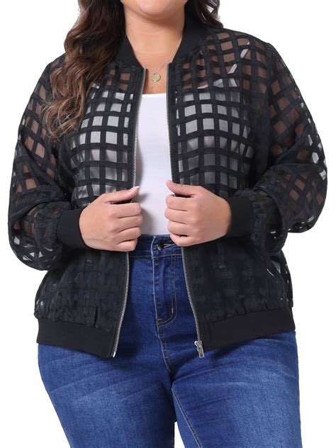 Agnes Orinda Women's Plus Size Bomber Jacket Hollow Out Long Sleeve ...