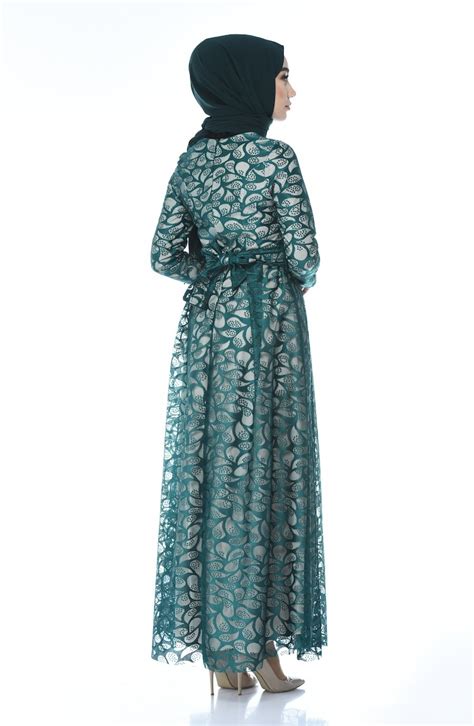Green Hijab Evening Dress 5040-02 | Sefamerve