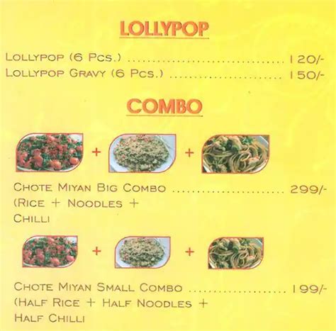 Menu at Yari Chote Miyan, Mumbai