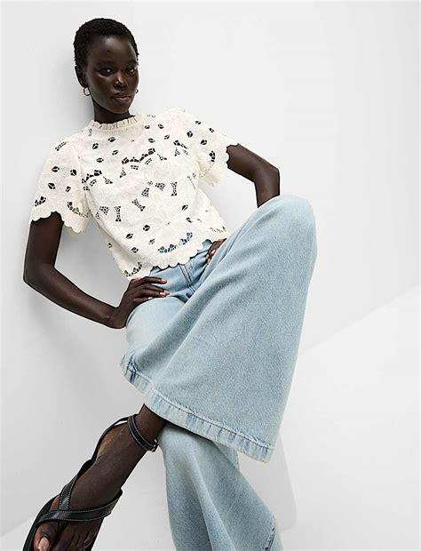 Buy High Neck Cutwork Puff Sleeve Top at Marks & Spencer