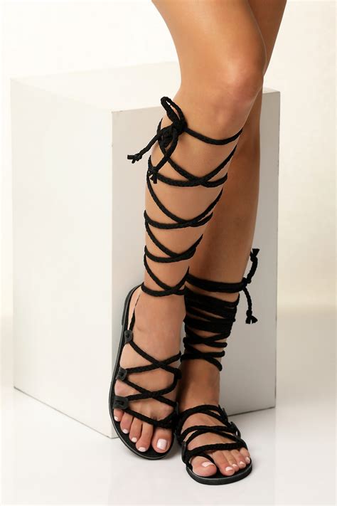 Black Lace Up Sandals With Braided Straps, Customizable "Selene ...