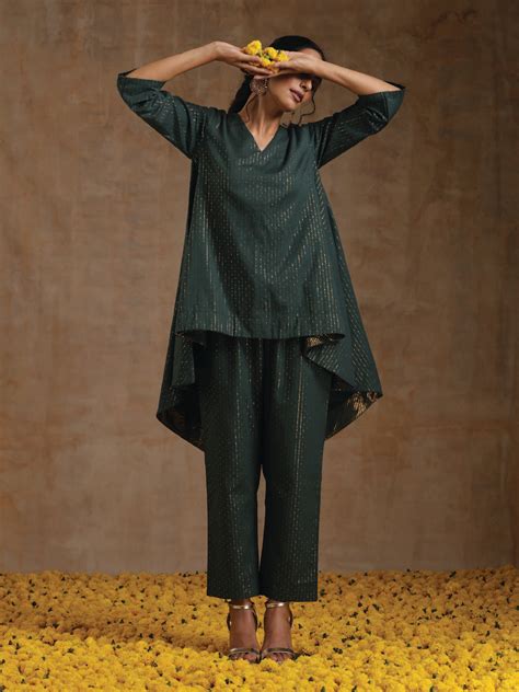 Dark Green Gold Cotton High-Low Co-Ord Set – trueBrowns