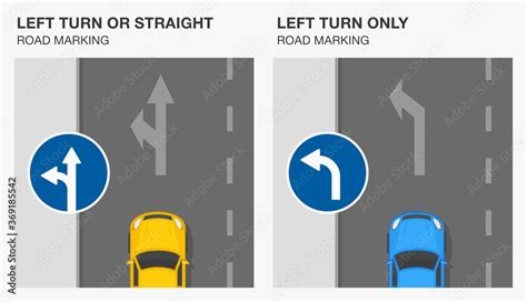 Road markings meaning. Left turn or straight and left turn only ...
