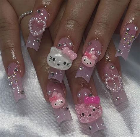 XXL Long Rectangle Y2K Hello Kitty Nails Art Handmade Pink Zebra-print ...
