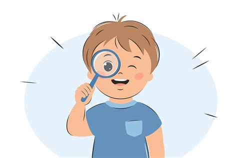 Curious boy look in magnifying glass. Smart child using magnifier for ...