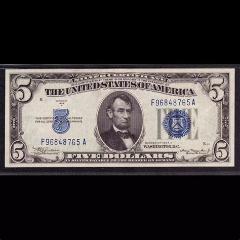 $5 1934-A blue seal. Small Silver Certificates 1651m - Kearney Coin Center