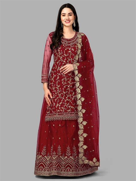 Maroon Net Embroidery Salwar Suit Set Kurta Lehenga with Dupatta Kurta ...