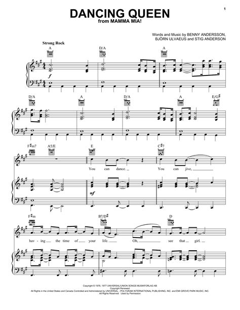 Dancing Queen by ABBA Sheet Music for Piano, Vocal & Guitar Chords ...