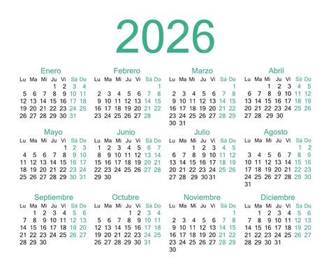 Calendario en español para 2026 La semana comienza el lunes | Vector ...