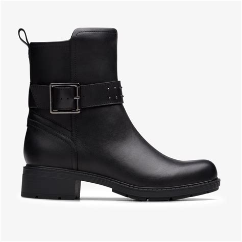 Womens Hearth Buckle Black Leather Ankle Boots | Clarks