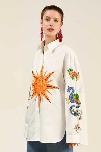 Buy Ivory Cotton Sequins, Beads Collared Sun Motif Embellished Shirt ...