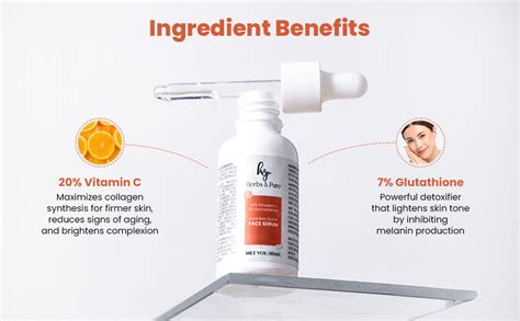 HERBS & PURE Natural Glow 20% Vitamin C & 7% Glutathione Face Serum For ...
