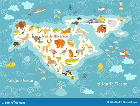 Animals World Map, North America. Colorful Cartoon Vector Illustration for Children and Kids ...