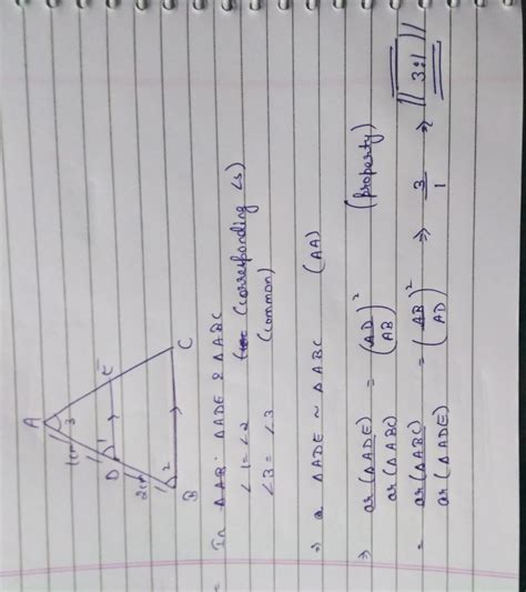 DE is parallel to BC and AD=1cm,BD=2cm.what is the ratio of area of ∆ ...