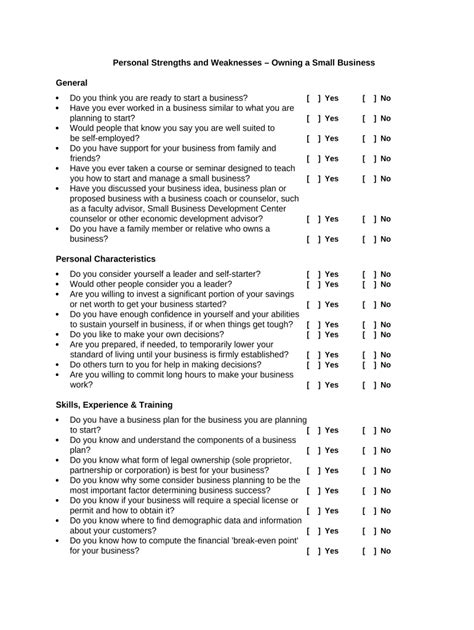 Personal Strengths and Weaknesses - Owning a Small Business Doc ...