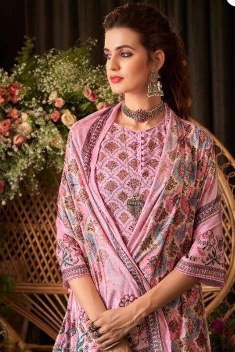 Pink colour printed woolen unstitched suit fabric with stole