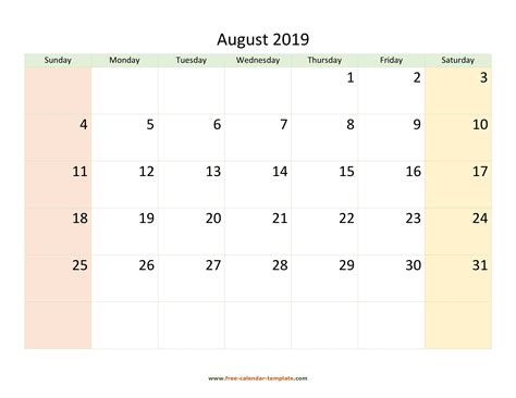 August 2019 Free Calendar Tempplate | Free-calendar-template.com