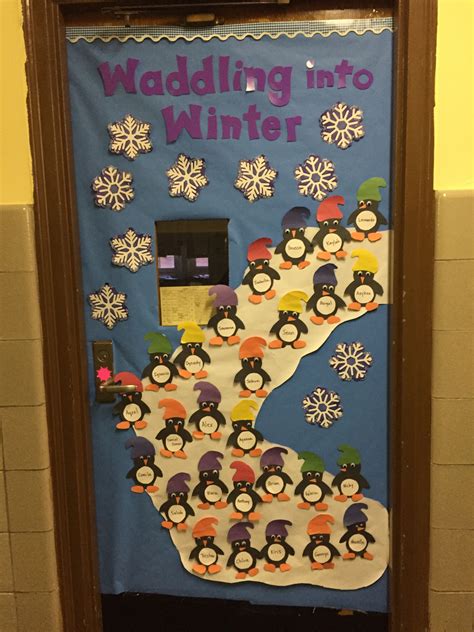 Waddling into winter door | Winter door decorations classroom, Door ...