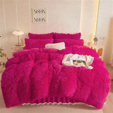 Amazon.com: HAIHUA Fluffy Hot Pink Comforter Cover Twin Set, Plush Hot ...