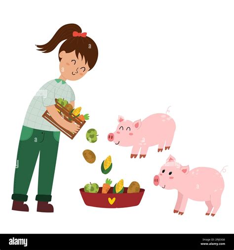 Girl gives food to pigs. Farmer feeds the animals. Farm characters ...