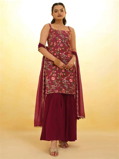 Buy Maroon Embroidered Net Function Wear Sharara Suit From Ethnic Plus