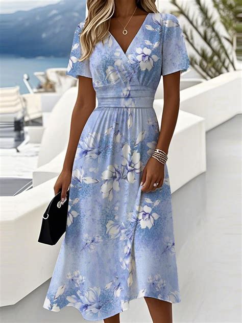 Women Floral Summer Dress V Neck Short Sleeve Beach Dress A-Line Dress ...