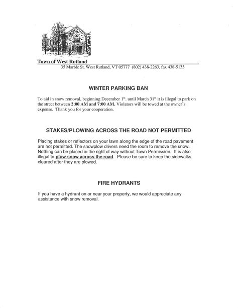 WINTER PARKING BAN starts December 1 - West Rutland Vermont
