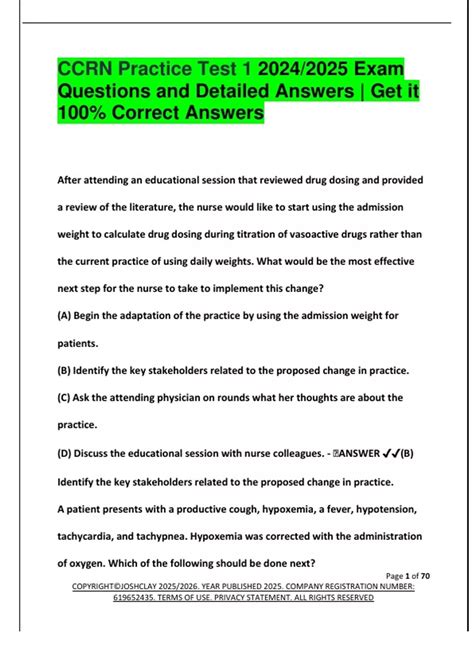 CCRN Practice Test 1 2024/2025 Exam Questions and Detailed Answers ...