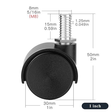 Buy 1 Inch Plastic Casters Set of 4, M8 Stem Nylon Furniture Wheel ...