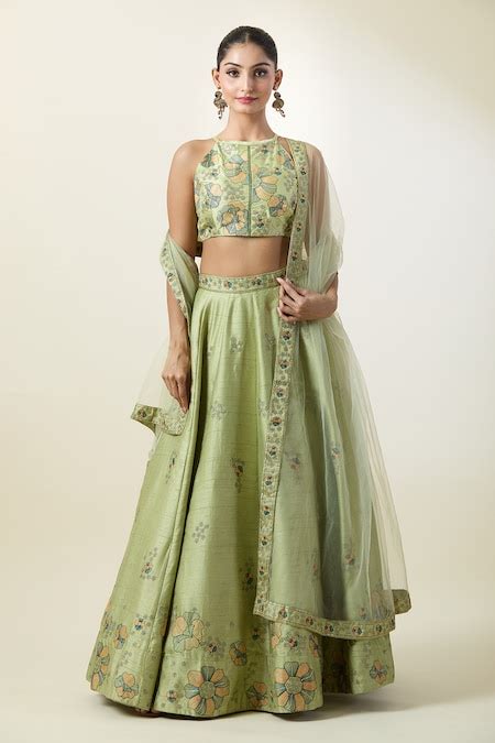Buy Green Silk, Net Embroidery High Neck Floral Kalidar Lehenga Set For ...