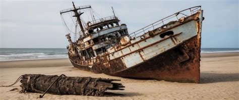 Weathered shipwreck on a beach showcasing natures reclaiming of man ...