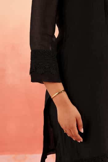 Buy Black Cotton, Silk Embroidery, Pom-poms Scoop Neck Kurta Pant ...