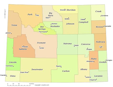 State of Wyoming County Map with the County Seats - CCCarto