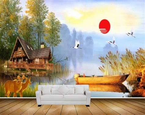 Avikalp MWZ2831 Sun Birds Houses Trees Boat River Lake Water Deers Gra ...