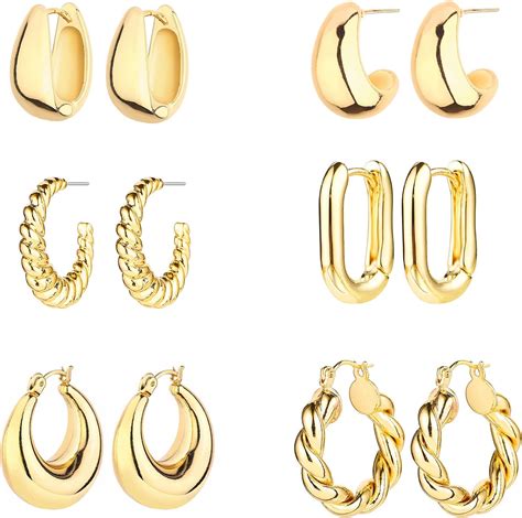 Juego de 6 pares de aretes de oro de 14 quilates para mujer, aretes ...