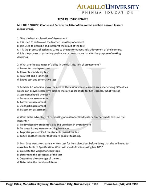 TEST- Questionnaire - TEST QUESTIONNAIRE MULTIPLE CHOICE. Choose and Encircle the letter of the ...