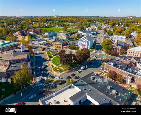 Woburn Common and City Hall aerial view in downtown Woburn ...