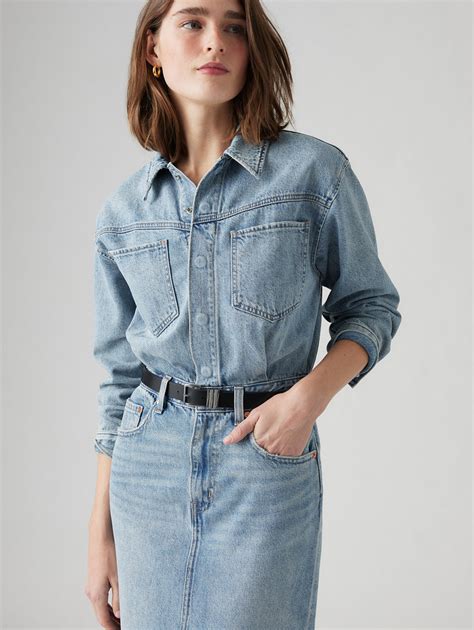 Women's Solid Blue Spread Collar Denim Dress – Levis India Store