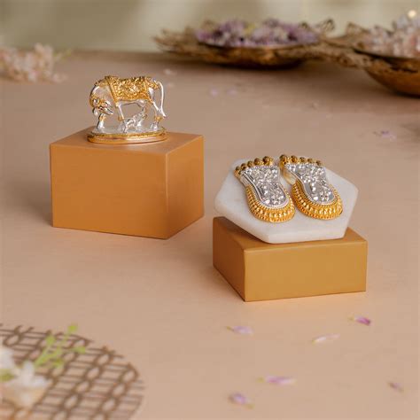 Kamdhenu Cow with Calf Idol - Gold & Silver Plated (2.5 inch) with Maa