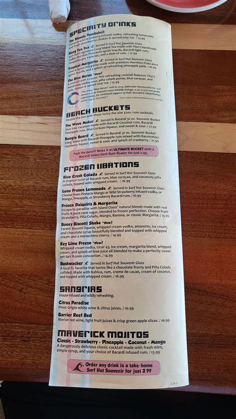 Menu at Surf Hut restaurant, Destin
